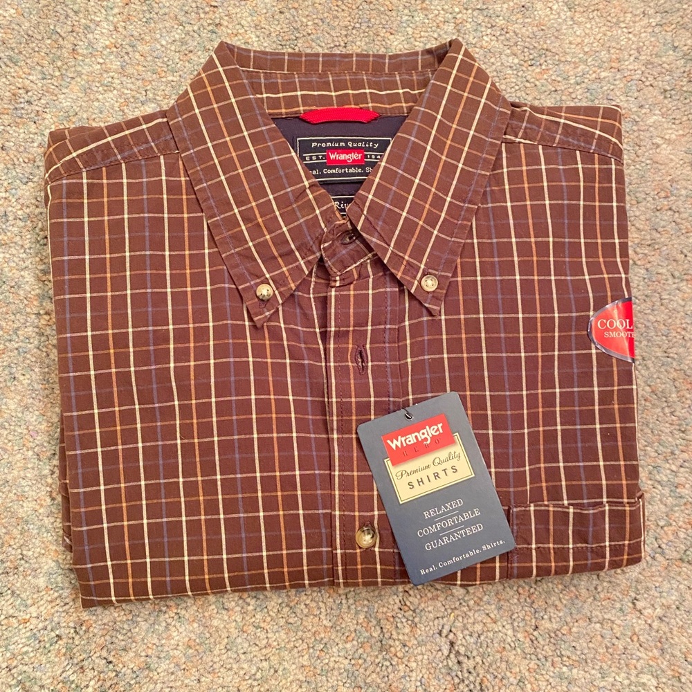 Wrangler men relaxed long sleeve brown plaid cotton shirt premium quality -M